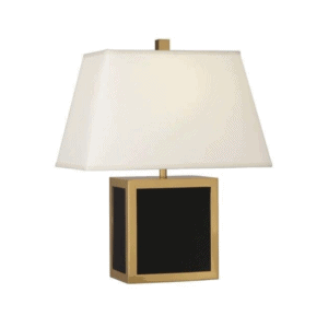 black acrylic and polished brass table lamp with a fondine fabric