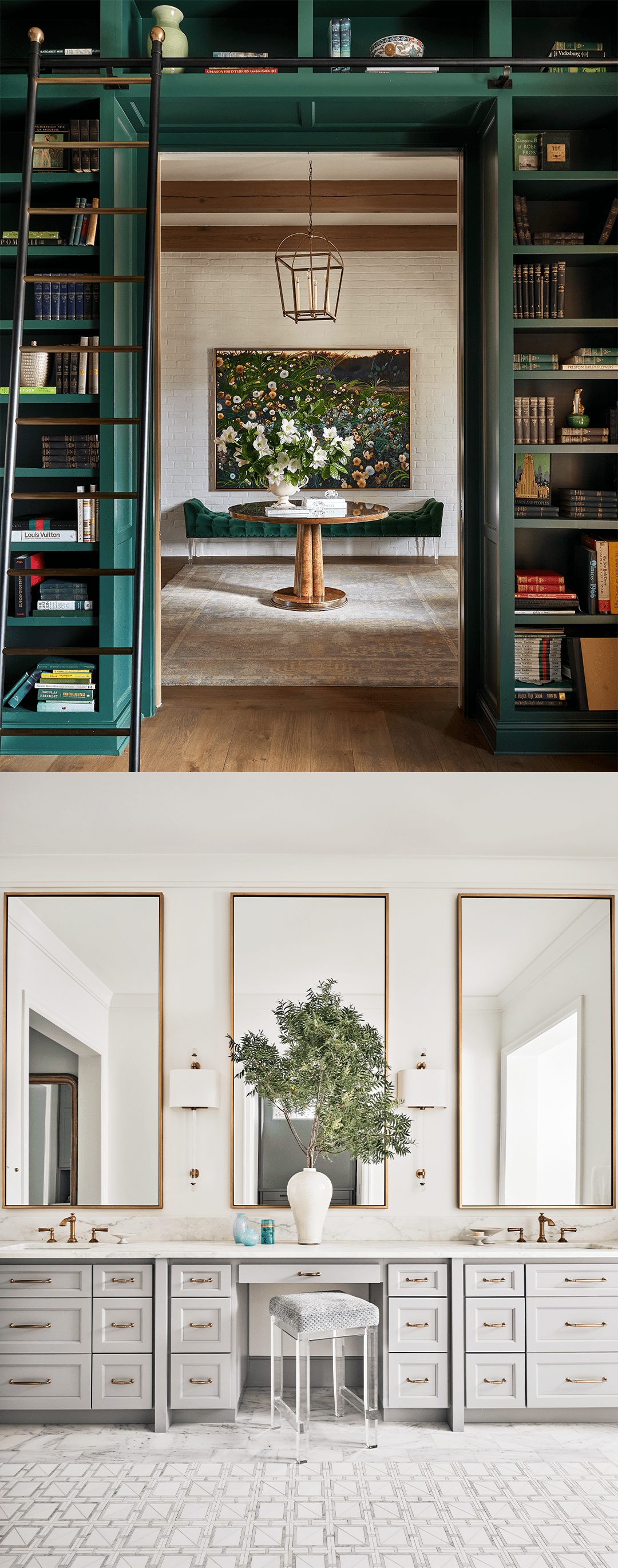Green library entrance on top and gray marble bathroom on bottom.